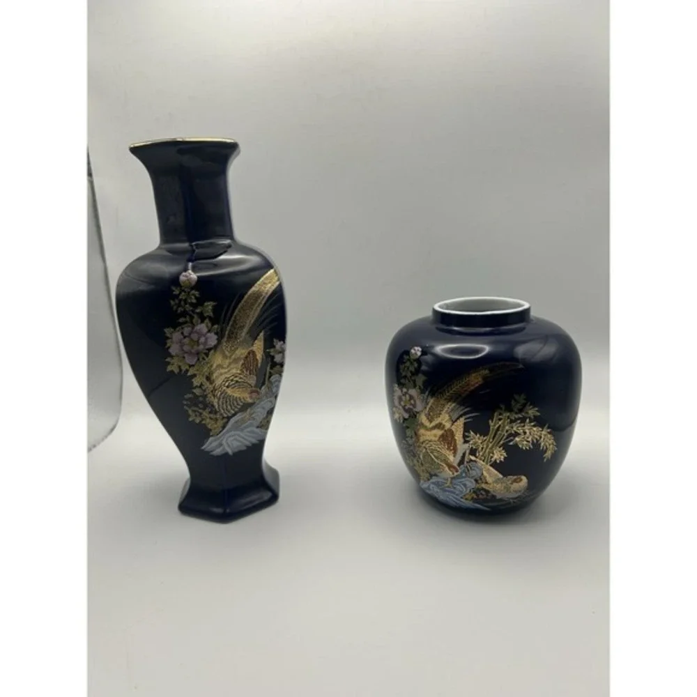 2-PC Asian Style Cobalt Blue Cloisonné Golden Floral Flower‎ Vases